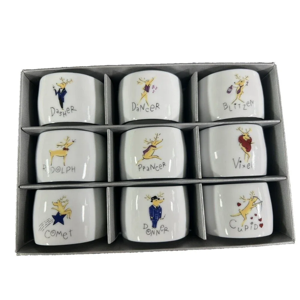 Pottery Barn White Porcelain Reindeer Christmas Napkin Rings Set of 9